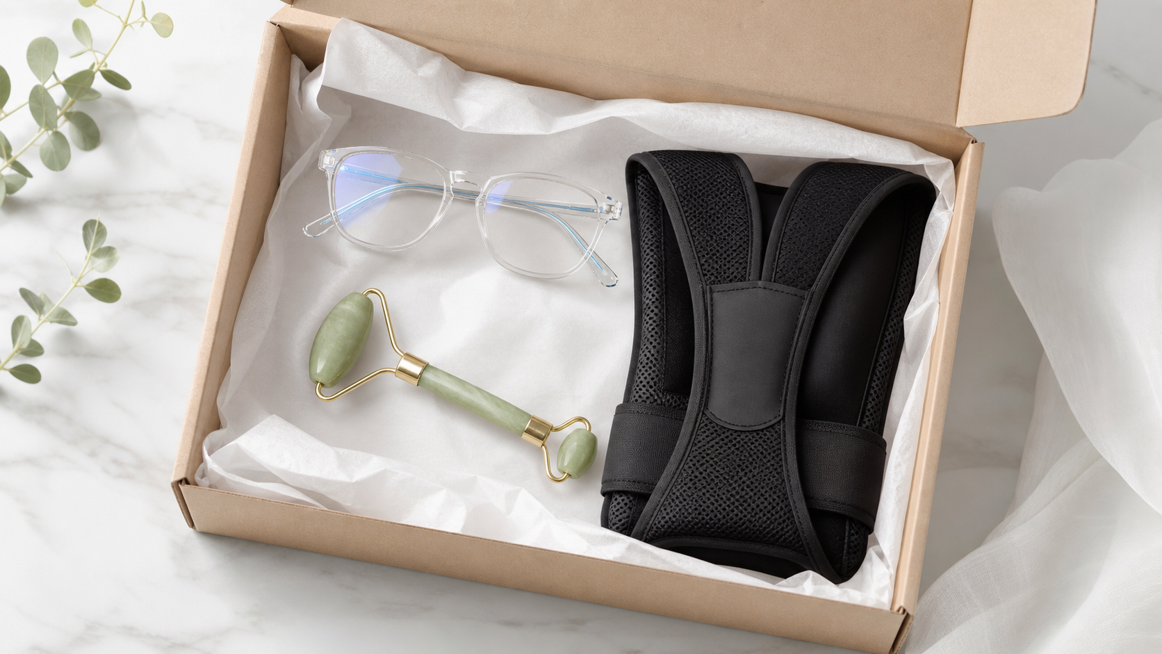 Premium wellness bundle with blue light glasses, posture brace, and jade roller