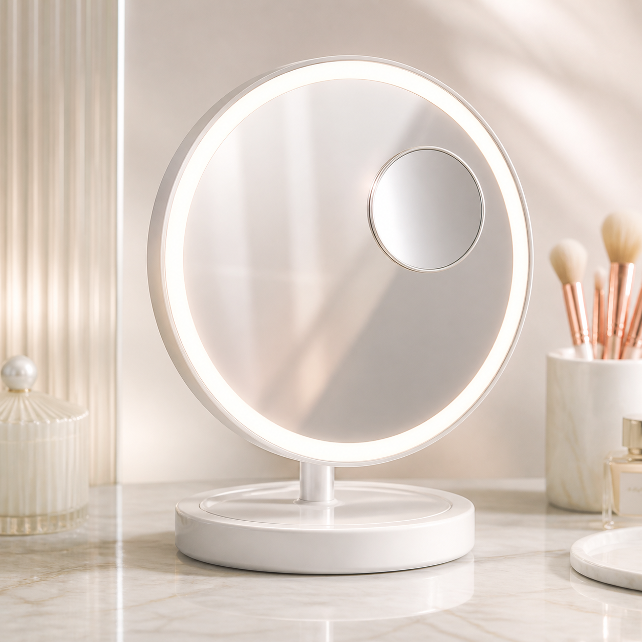 Round LED vanity mirror glowing on a marble vanity