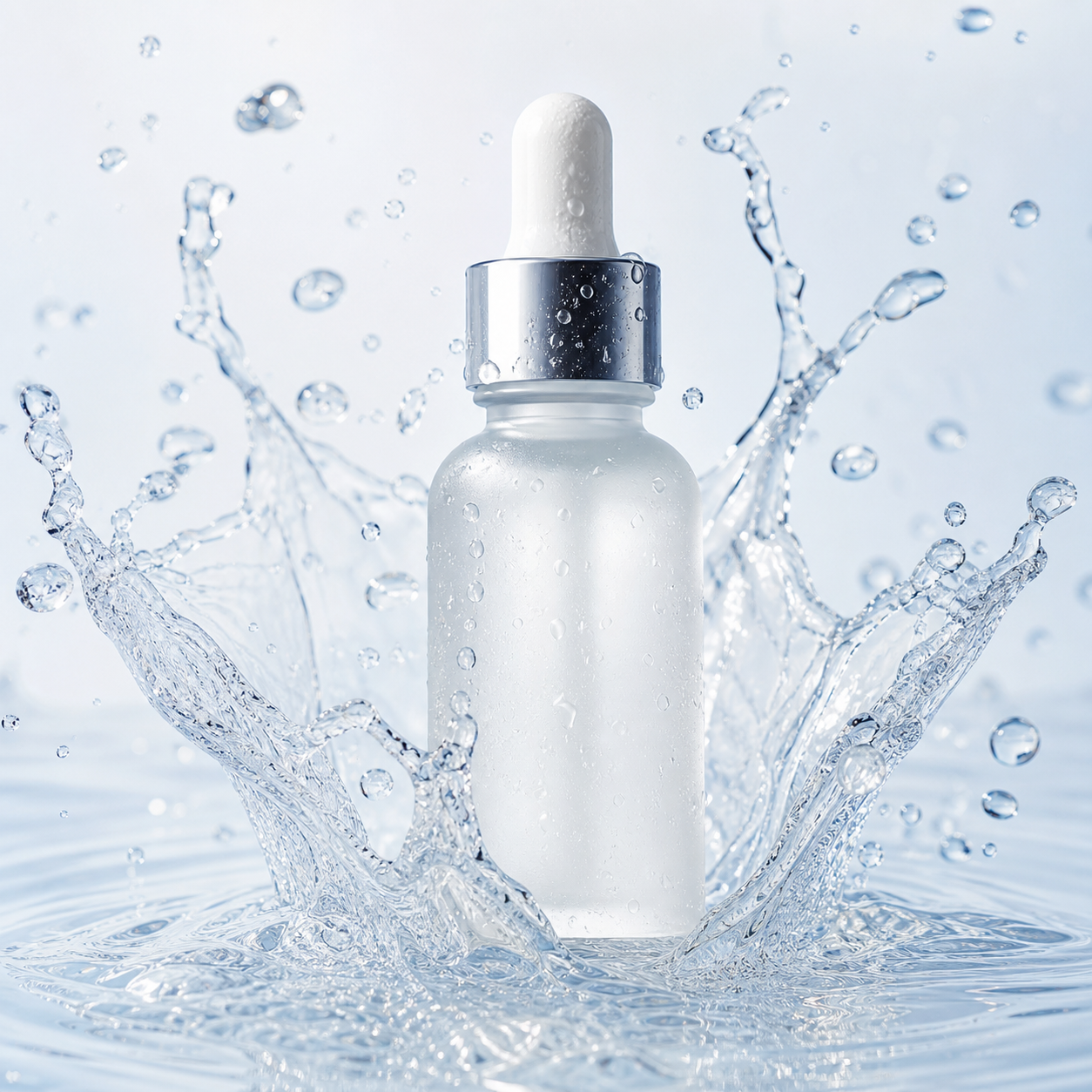 Frosted niacinamide serum bottle with water splash