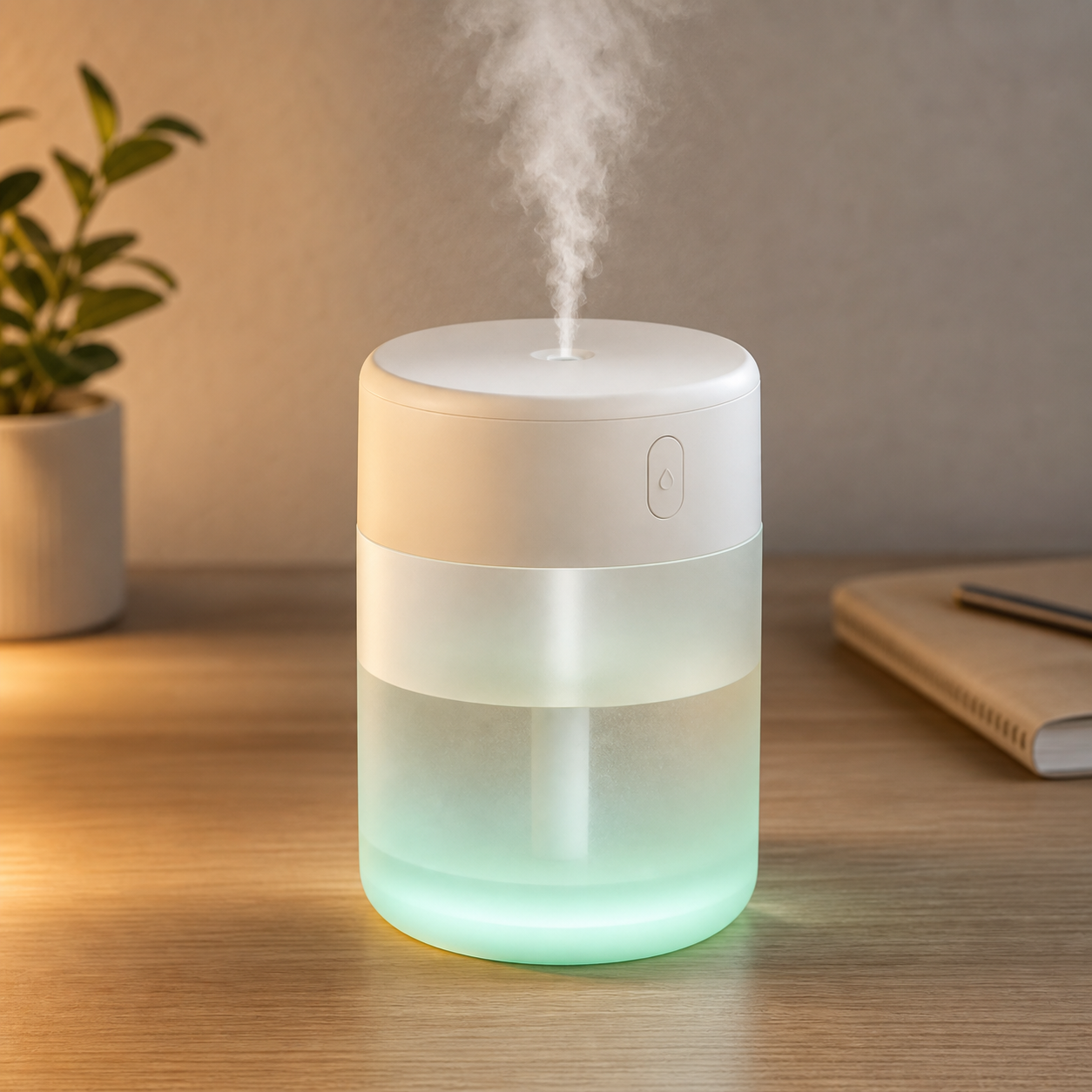 Portable LED humidifier misting on a desk