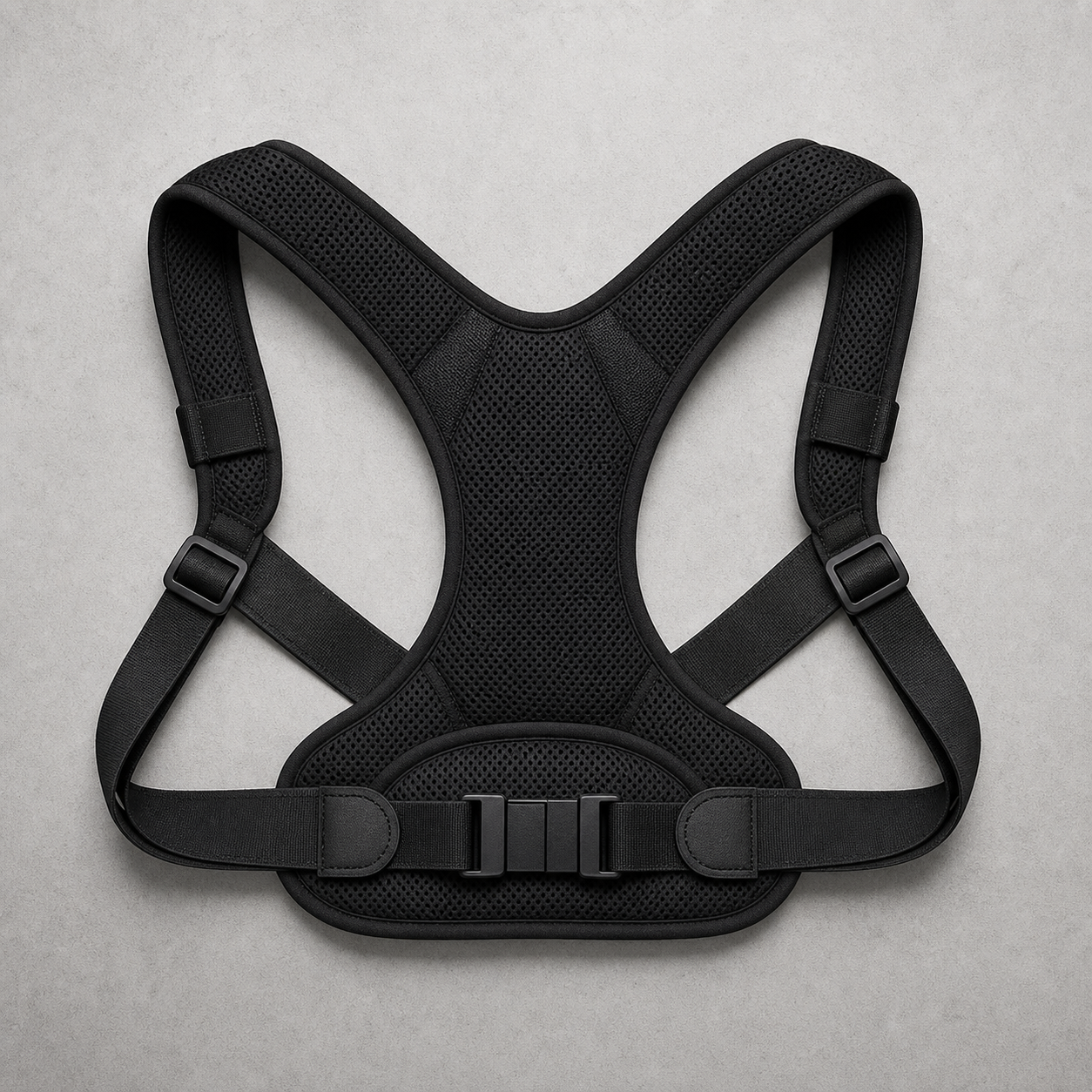 Black posture corrector brace on a neutral background