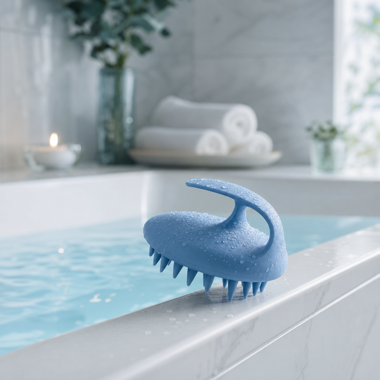 Scalp massager on a bathtub edge