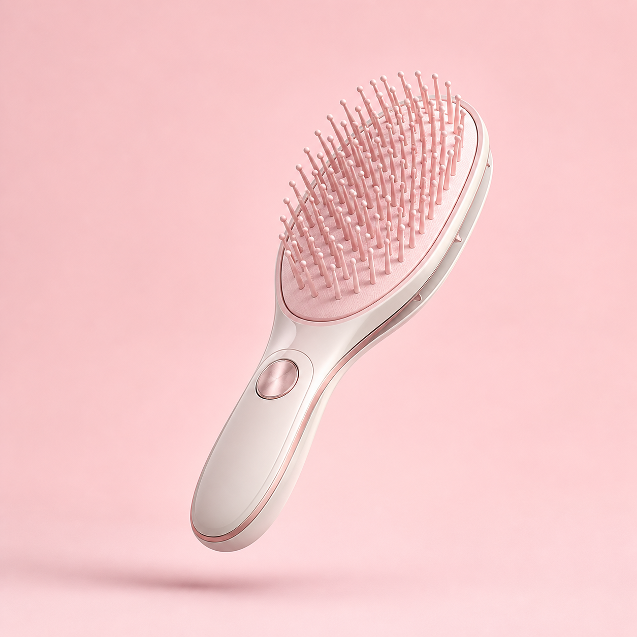 Pastel self-cleaning hairbrush on a soft pink background