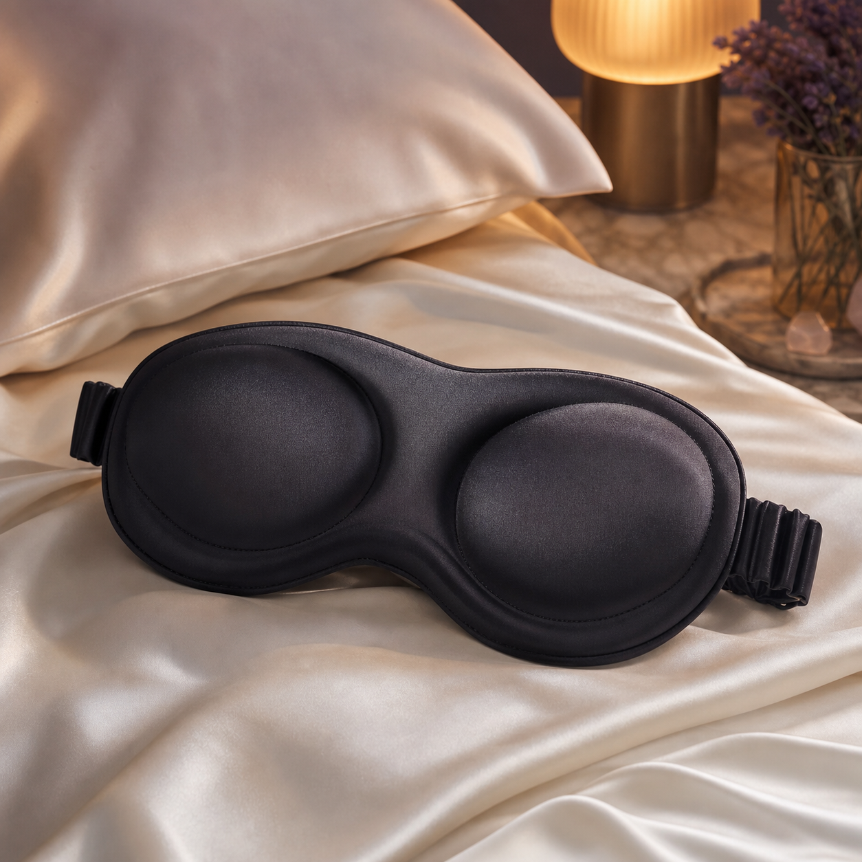 Black 3D contoured silk sleep mask on satin bedding