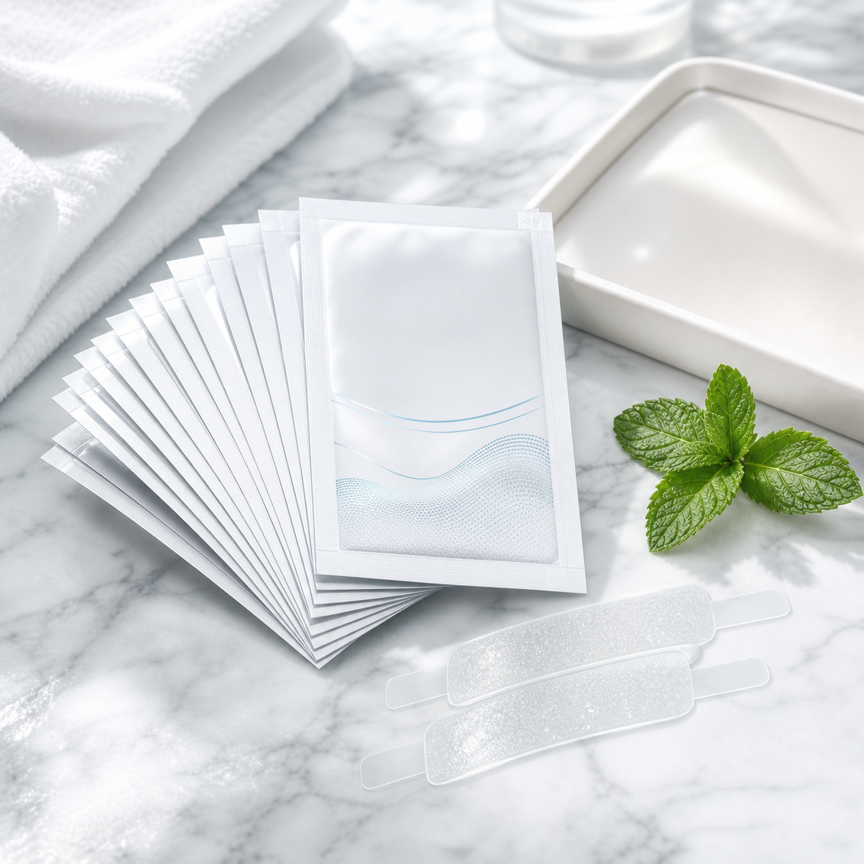 Teeth whitening strips and sachets on a marble surface