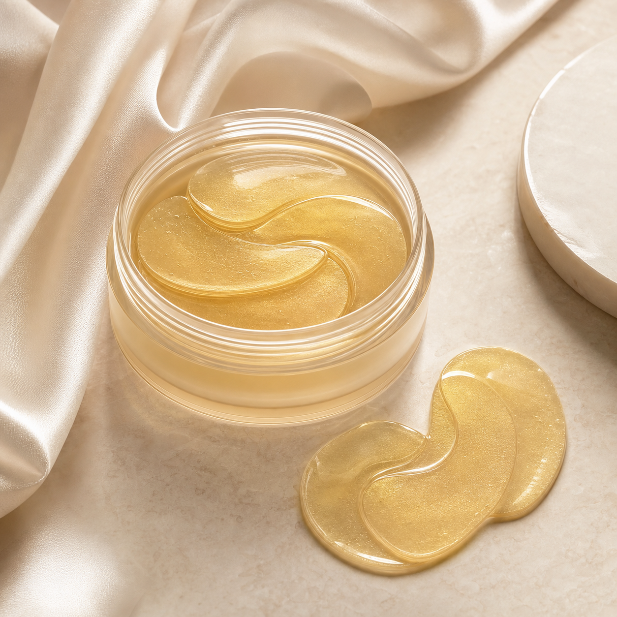 Gold under-eye collagen patches in an open jar